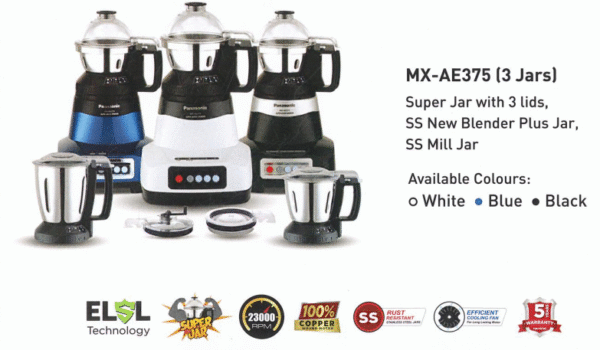 Panasonic Mixer Grinder MX-AE 375 Black 3Jars
